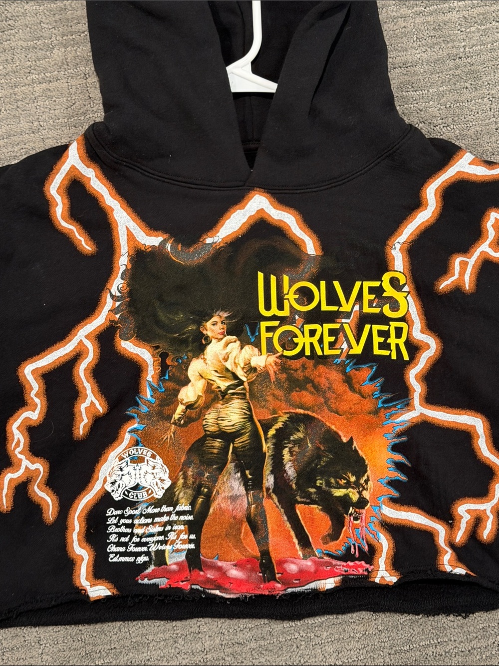 Darc Sport Black Cropped Hoodie with Orange Lightning 'Wolves Forever' Graphic - Picture 2 of 4